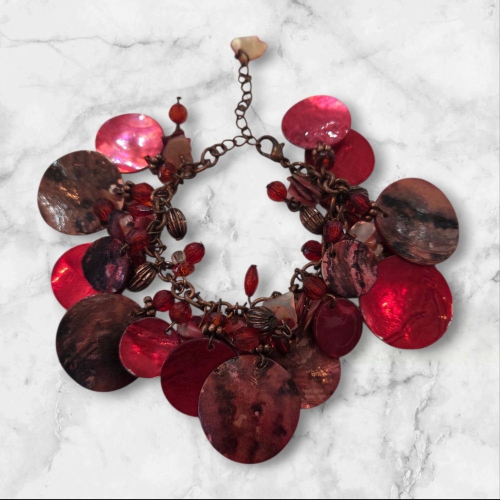 Statement Shell Charm Bracelet – Red & Copper Tone Dangly Boho Bracelet